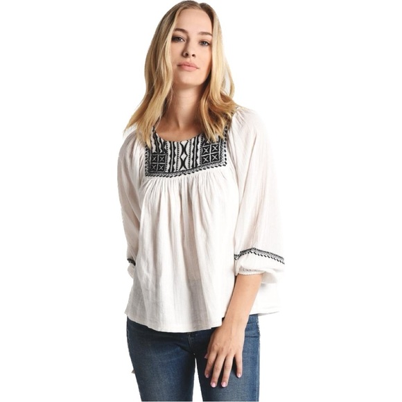 velvet by graham & spencer white blouse black embroidered boho gauze intricate - Picture 4 of 6
